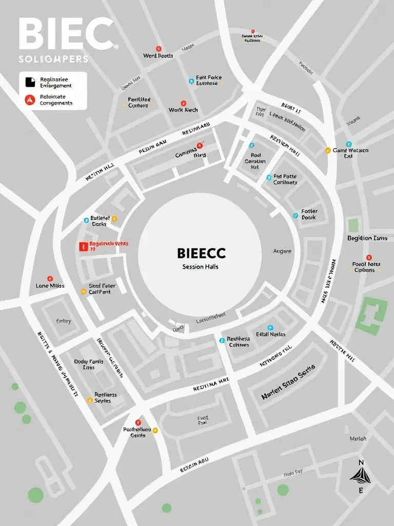A clear and concise map of the conference venue, the Bangalore International Exhibition Centre (BIEC), highlighting key locations such as registration, session halls, and networking areas.