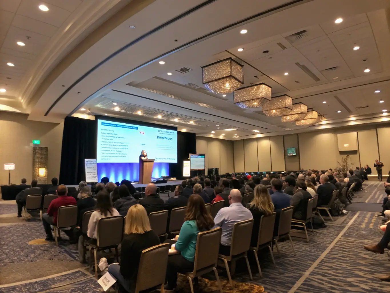 A photograph of a conference hall during a keynote speech, with attendees listening attentively. The image should convey a sense of engagement and learning.